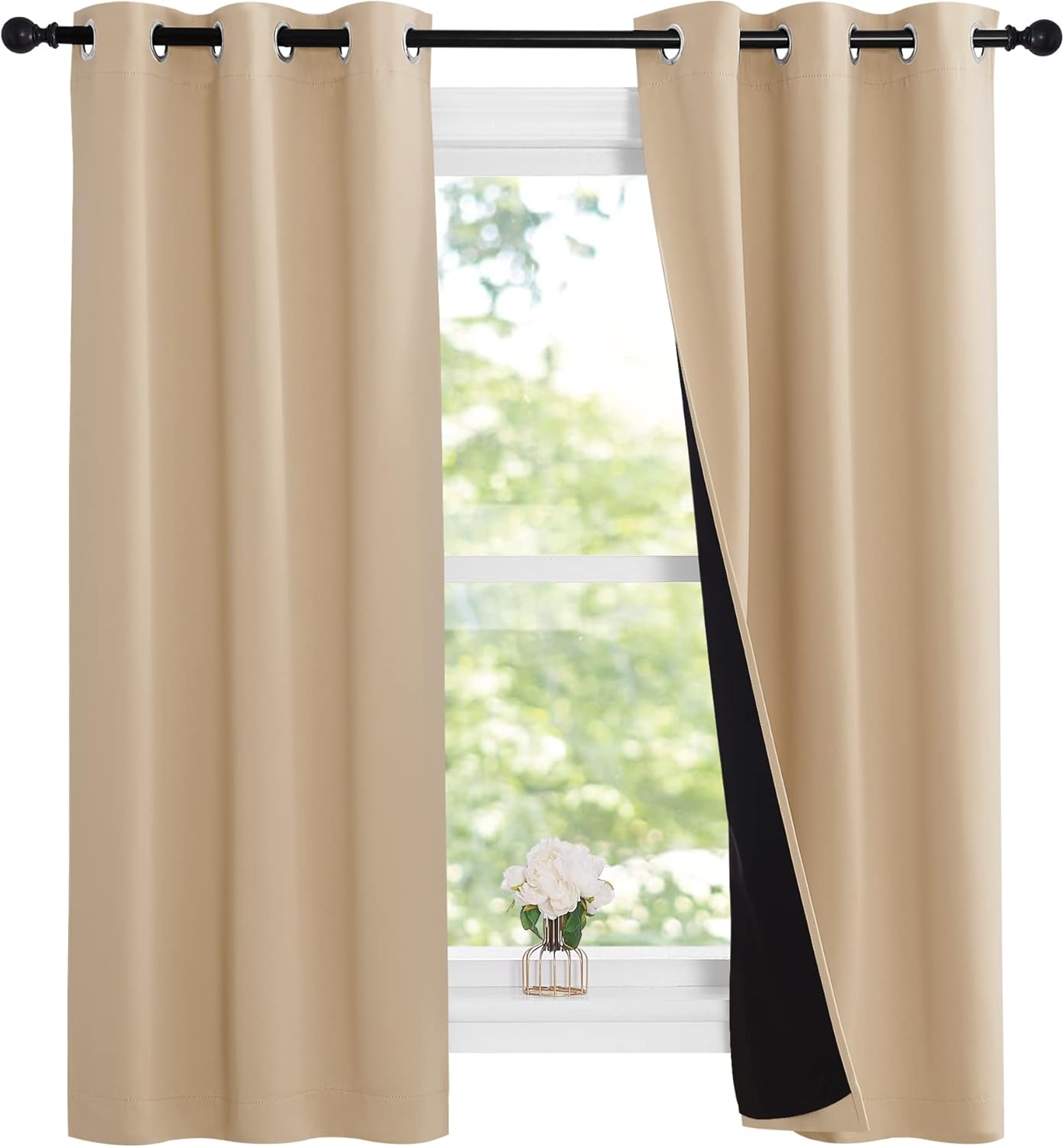 NICETOWN Bedroom Full Blackout Curtain Panels, Super Thick Insulated Grommet Drapes, Double-Layer Blackout Draperies with Black Liner for Small Window (Set of 2 Pcs, 37 by 63-inch, Biscotti Beige)