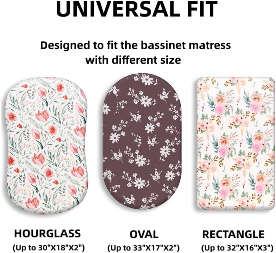 4 Pack Baby Girl Bassinet Sheets Set Soft Fitted Floral or Elephant Theme Baby Girl Mattress Covers Breathable Toddler Bed Sheets for Infant or Newborn Girls (Flower, Bassinet Sheets)