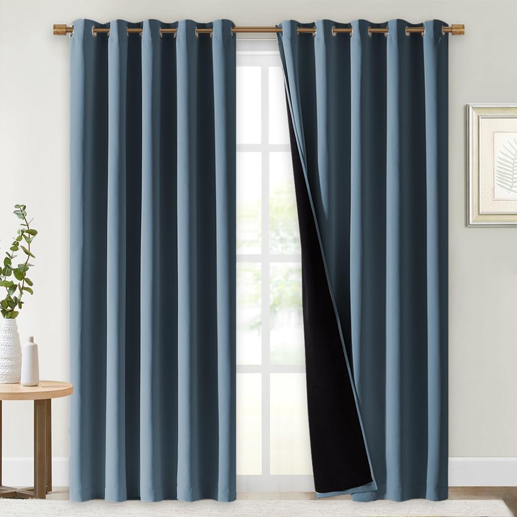 NICETOWN 100% Blackout Window Curtain Panels, Smoky Blue, 2 Pieces, 70" Wide Each Panel, Cold and Full Light Blocking Drapes with Black Liner for Nursery, 84" Drop Thermal Insulated Draperies