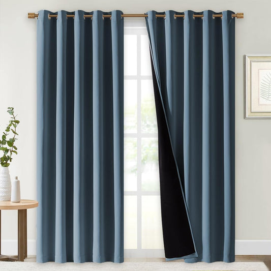 NICETOWN 100% Blackout Window Curtain Panels, Smoky Blue, 2 Pieces, 70" Wide Each Panel, Cold and Full Light Blocking Drapes with Black Liner for Nursery, 84" Drop Thermal Insulated Draperies