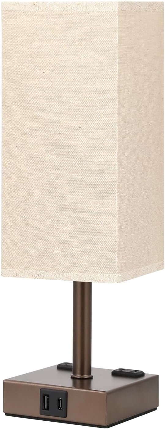 Brown Touch Table Lamp - Bedside Lamp with USB A + Type C Charging Ports and Two AC Outlets, Small Night Stand with E26 LED Bulb, Desk Light for Bedroom Living Room Office Dorm