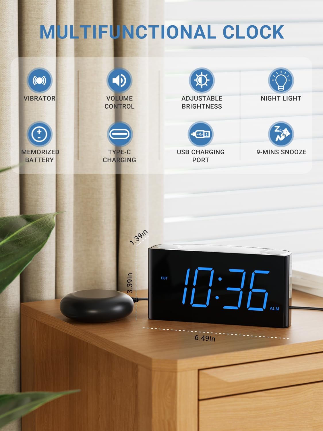 PPLEE Super Loud Alarm Clock for Heavy Sleepers Hearing Impaired Deaf,Vibrating Alarm Clock with Bed Shaker,Big Display Alarm Clock for Bedroom,5 Dimmer,Night Light,USB/Type-C Charger,Power-off Memory