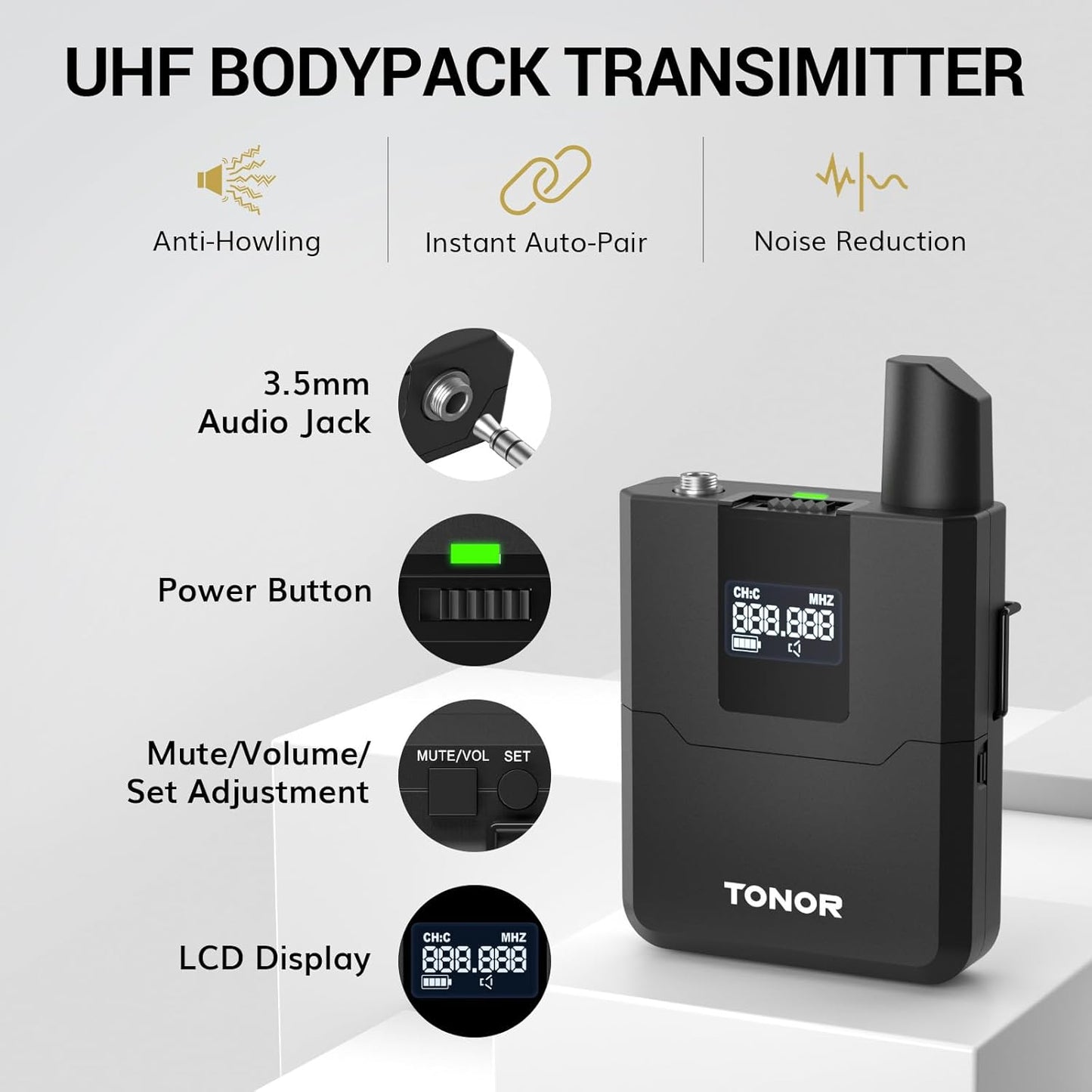 TONOR Wireless Microphones System with 8x12 Channels Headset/Lavalier Lapel Mics, Bodypack Transmitter, Receiver, 295ft UHF Range for Church Conference Performance Singing Karaoke PA Speaker Mixer