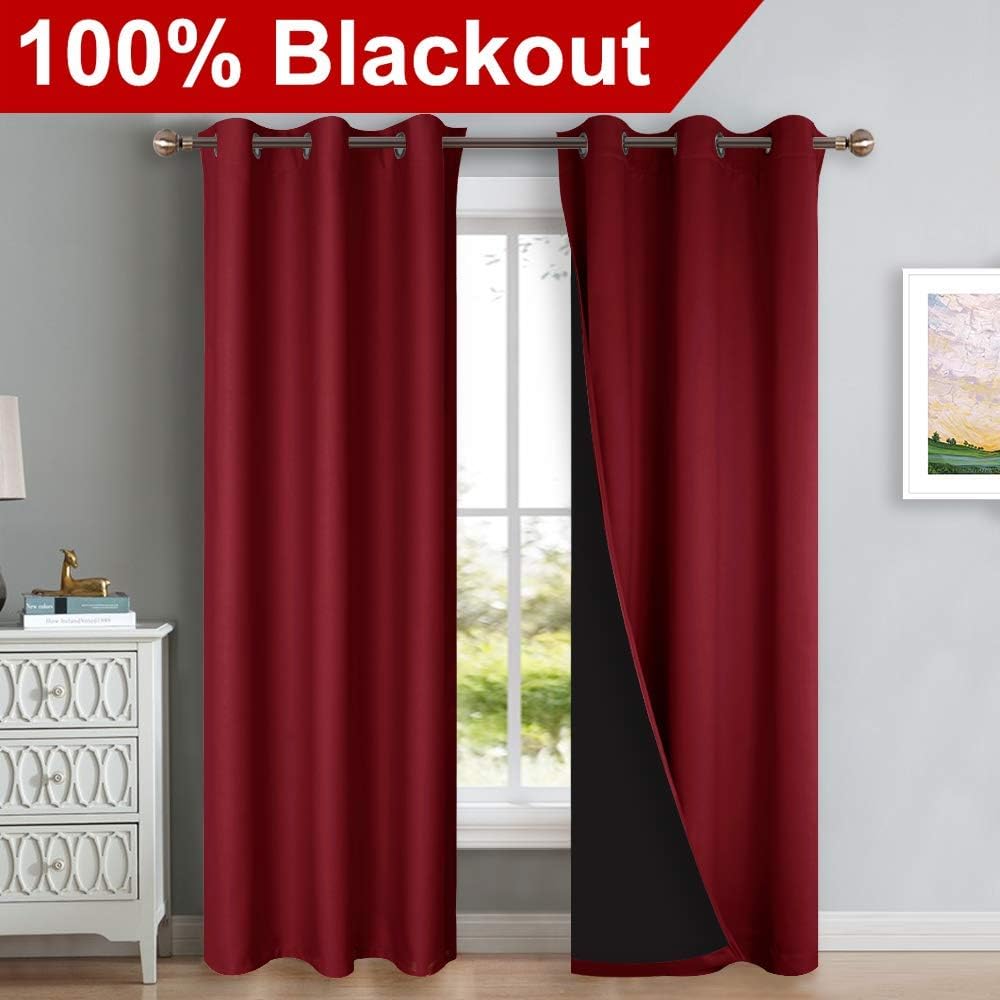 NICETOWN Burgundy Red Full Shade Curtain Panels, 37" Wide x 84" Long, Pair of Thermal Insulated & Energy Efficiency Blackout Drapes for Living Room Windows, Lined Silky Performance Window Dressing