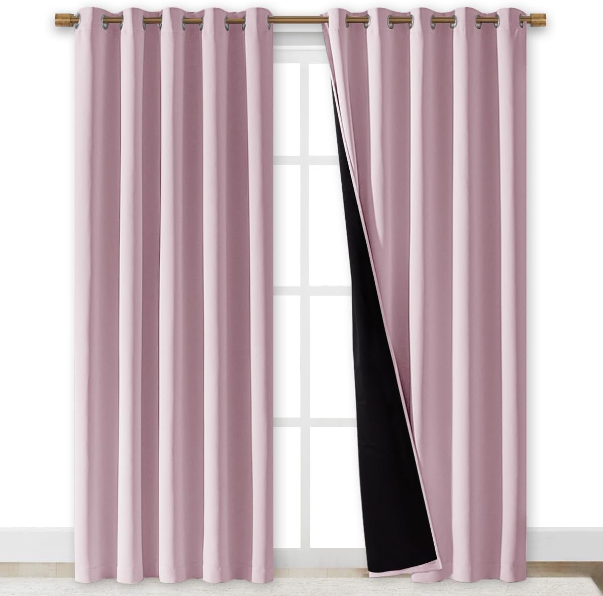 NICETOWN 100% Blackout Window Curtain Panels, Baby Pink, 2 PCs, 62" Wide Each Panel, Cold and Full Light Blocking Drapes with Black Liner for Nursery, 84 inches Drop Thermal Insulated Draperies