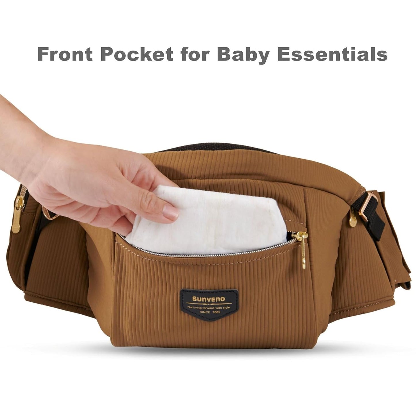 SUNVENO Baby Hip Carrier with Hip Seat, CPC-Certified, Ergonomic Infant Carrier for Newborns & Toddlers up to 45 lbs, Adjustable Waistband, Multiple Pockets, All-Season, Brown