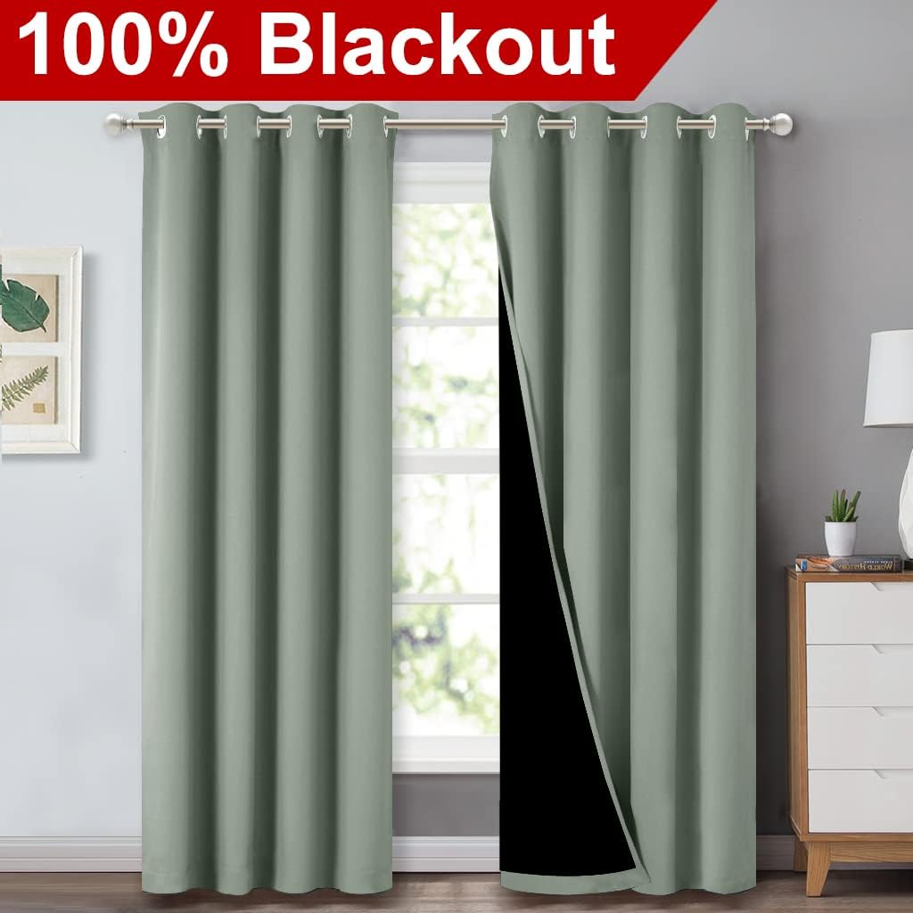 NICETOWN 100% Blackout Window Curtain Panels, Cold and Full Light Blocking Drapes with Black Liner for Nursery, 84 inches Drop Thermal Insulated Draperies (Greyish Green, 2 Pieces, 52" Wide per Panel)