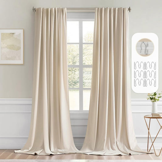 MIULEE Back Tab Cream Beige Curtains 120 Inch Long 2 Panels Set for Living Room Bedroom, Ivory Rod Pocket/Pinch Pleated Light Blocking Extra Long Thermal Insulated Room Darkening Blackout Drapes