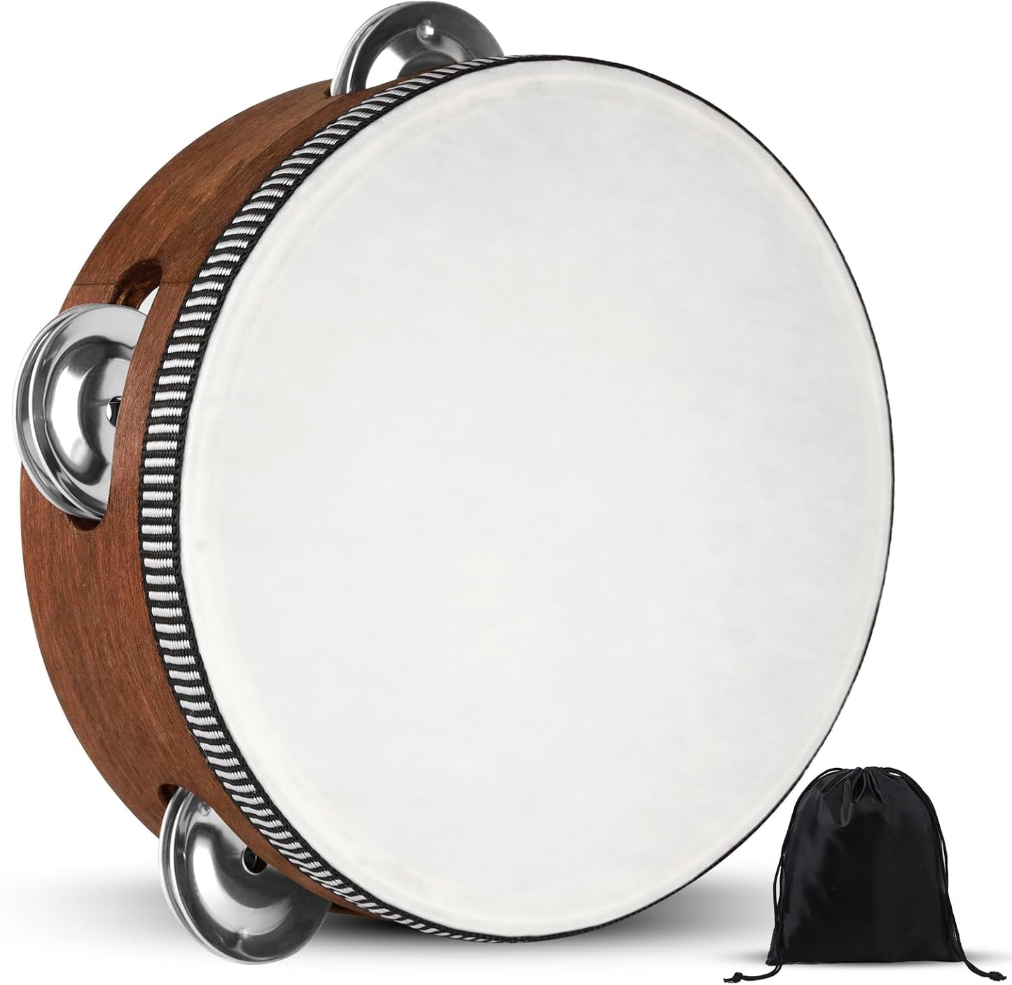 Wooden Hand Held Percussion Tambourine with Storage Bag - 6 Inches, Ideal for Church, Wedding, Party, Dance, Photo Shoot