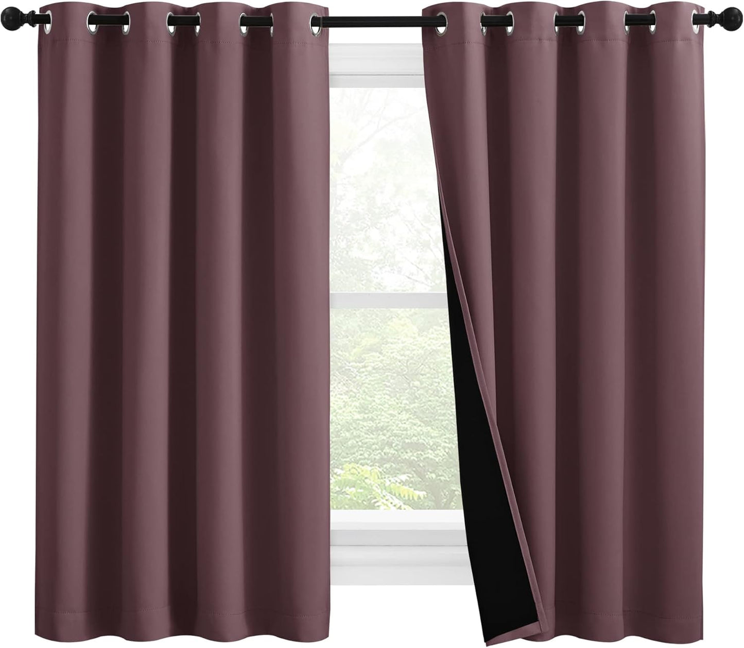 NICETOWN Warm Curtains for Winter, Bedroom Full Blackout Curtain Panels, Great Job for Blocking Light, Complete Blackout Draperies with Black Liner for Night Shift (Dry Rose, Set of 2, 55 by 57-inch)