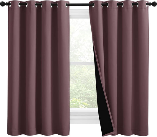 NICETOWN Warm Curtains for Winter, Bedroom Full Blackout Curtain Panels, Great Job for Blocking Light, Complete Blackout Draperies with Black Liner for Night Shift (Dry Rose, Set of 2, 55 by 57-inch)