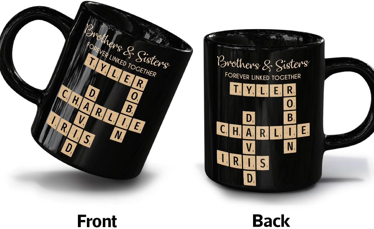 Family Puzzle Mug - Brothers & Sisters Forever Linked Together - Personalized For Family, Sister, Brother, Siblings - Scrabble Coffee Mug - Gifts For Christmas, Birthday, Anniversary