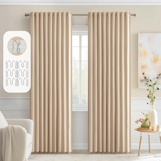 MIULEE Beige Back Tab Blackout Curtains 72 Inch Length 2 Panels Set for Living Room Bedroom Privacy, Rod Pocket/Pinch Pleat Thermal Insulated Room Darkening Pleated Light Blocking Drapes