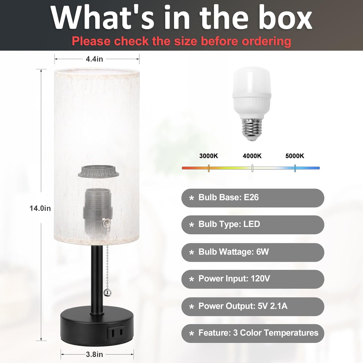 Bedside Table Lamp for Nightstand - 3 Color Temperatures Pull Chain Lamp with AC Outlet Charging Port, Round Night Stand Light for Bedroom Living Room, Small Bed Side Light with E26 LED Bulb