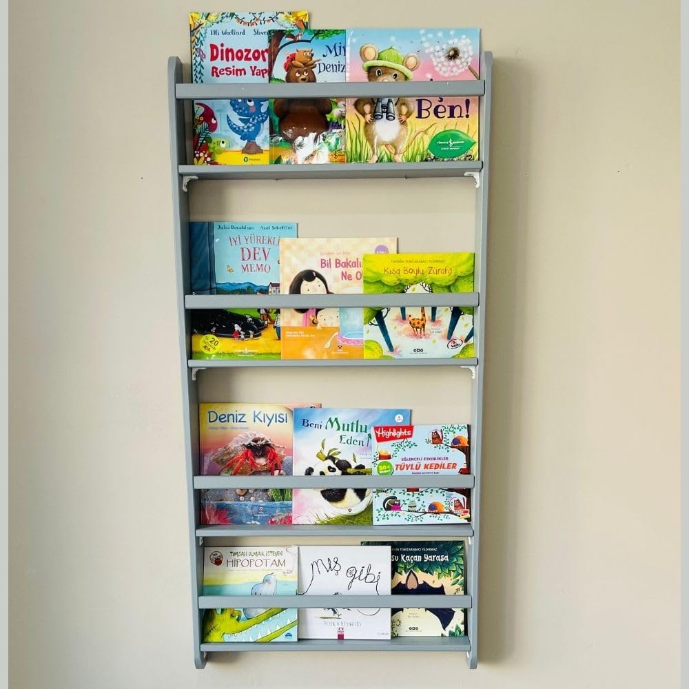 Handmade Solidwood Wall Mounted Montessori Kids Bookshelf, Solid Pine 4 Tier Book Display for Children Bedroom, Nursery Furniture Bookcase, Wood Pine Organiser for Living Room (Gray)