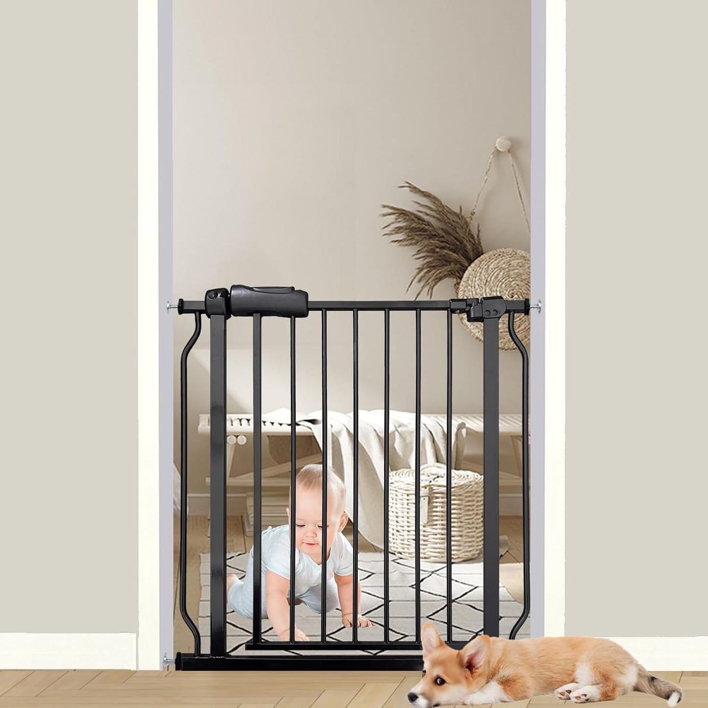 29-34 Inch Baby & Pet Gate - Black Metal, Pressure Mounted, Walk Through Safety Gate for Narrow Stairs & Doorways