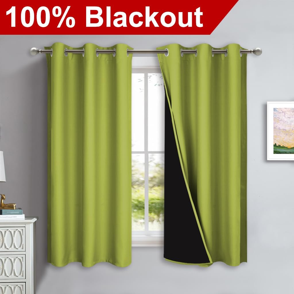 NICETOWN 100% Blackout Curtains 45 inches Long, Fresh Green, 1 Pair, 42 inches Width Each Panel, 2 Thick Layers Completely Blackout Window Treatment Thermal Insulated Lined Drapes for Small Window