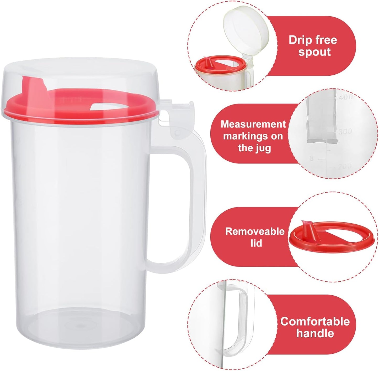 Newtay 6 Pack Early Learning Kids Easy Pouring Mini Pitchers Clear Plastic Pitcher with Lid and Handle Easy Pour Bottles 16 Oz. Jugs with Lids for Classroom Nursery Home (Red)