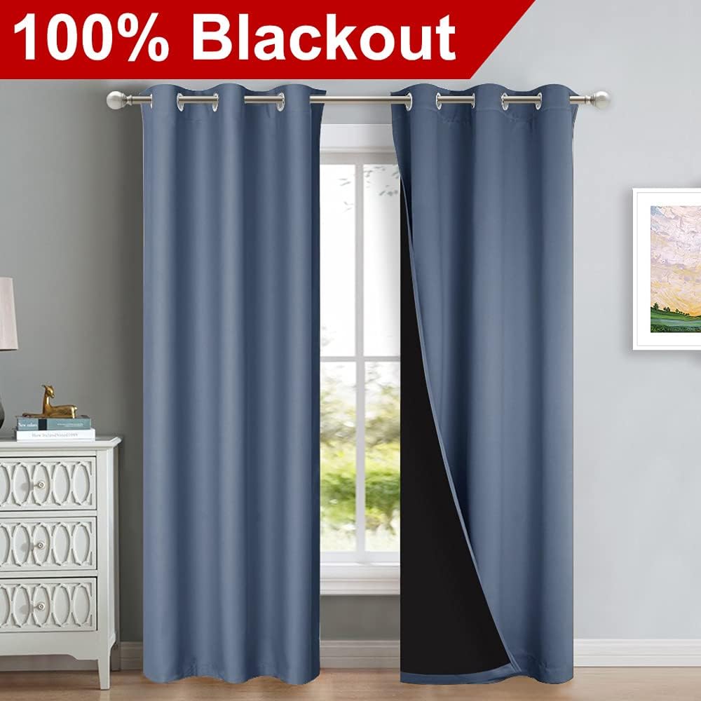 NICETOWN Blackout Curtains 80 inches Long, Full Light Blocking Drapes with Black Liner for Nursery, Thermal Insulated Draperies for Hall, Villa (Stone Blue, 2 Pieces, 42" Wide Each Panel)