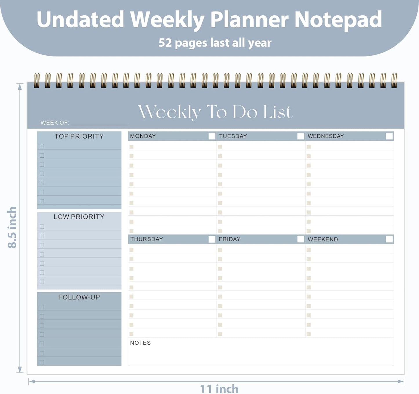 Weekly To Do List Notepad, Undated Planner with 52 Sheets (8.5''x11''), Desk Weekly Planner for Women & Man, Home School & Work (B-Blue)