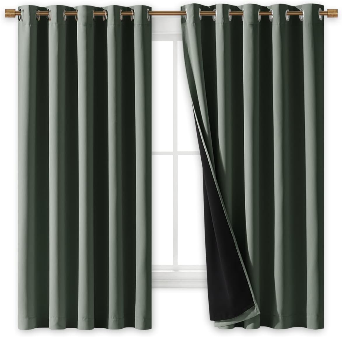 NICETOWN Dark Mallard 100% Blackout Lined Curtains, 2 Thick Layers Completely Blackout Window Treatment Thermal Insulated Drapes for Kitchen/Bedroom (1 Pair, 70" Width x 63" Length Each Panel)