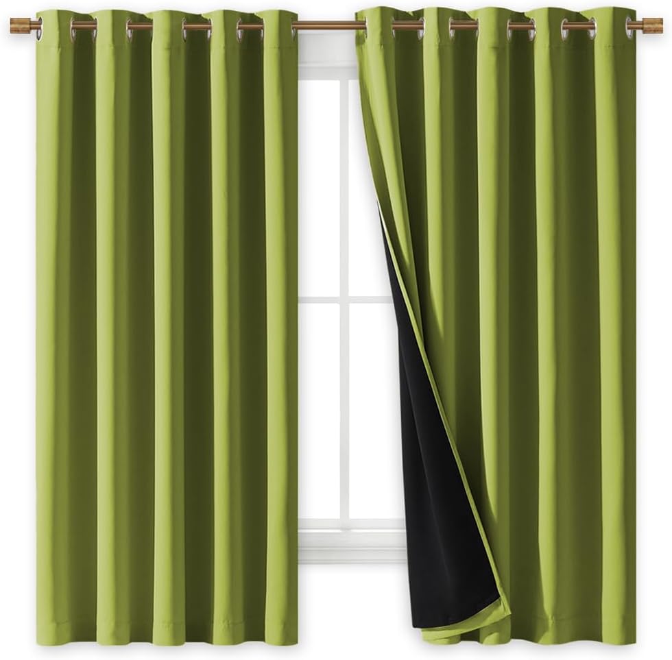 NICETOWN 100% Blackout Lined Curtains, Fresh Green, 1 Pair, 62" Width x 63" Length Each Panel, 2 Thick Layers Completely Blackout Window Treatment Thermal Insulated Drapes for Kitchen/Bedroom
