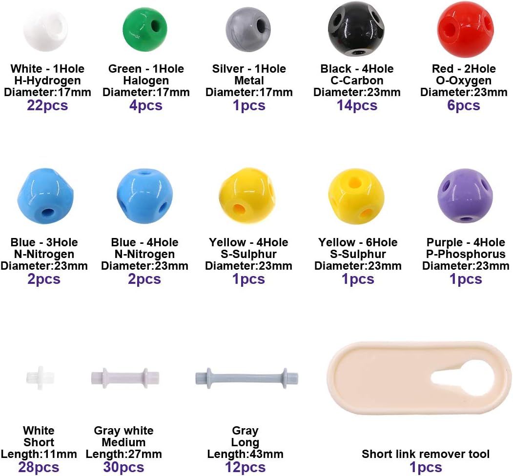 Swpeet 125 Pcs Molecular Model Kit for Inorganic & Organic Molecular Model Teacher and 16 Years and Over Student Kit - 54 Atoms & 70 Links & 1 Short Link Remover Tool - Science Toys