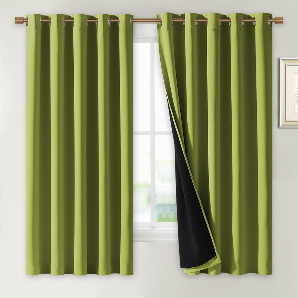 NICETOWN 100% Blackout Lined Curtains, Fresh Green, 1 Pair, 62" Width x 63" Length Each Panel, 2 Thick Layers Completely Blackout Window Treatment Thermal Insulated Drapes for Kitchen/Bedroom