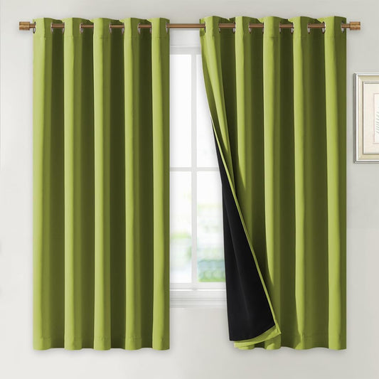 NICETOWN 100% Blackout Lined Curtains, Fresh Green, 1 Pair, 62" Width x 63" Length Each Panel, 2 Thick Layers Completely Blackout Window Treatment Thermal Insulated Drapes for Kitchen/Bedroom
