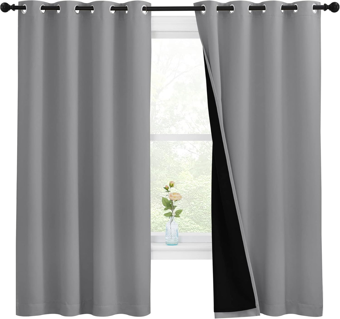 NICETOWN 100% Blackout Curtains with Black Liners, Thermal Insulated Full Blackout 2-Layer Lined Drapes, Energy Efficiency Window Draperies for Bedroom (Silver Grey, 2 Panels, 55-inch W by 68-inch L)