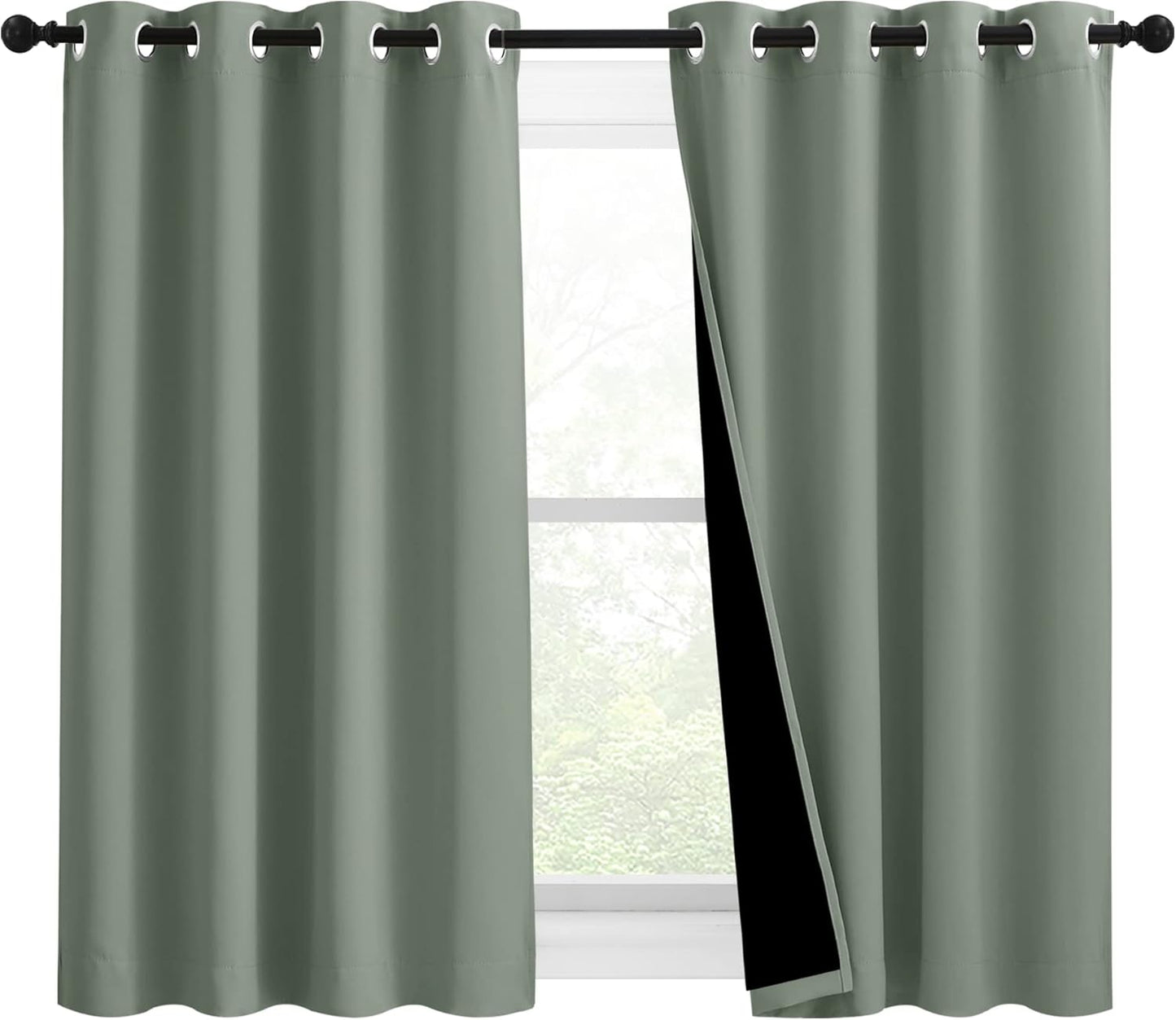 NICETOWN 100% Blackout Curtains 54 inches Long, Double-Deck Completely Blackout Window Treatment Thermal Insulated Lined Drapes for Small Window (Greyish Green, 1 Pair, 46 inches Width Each Panel)