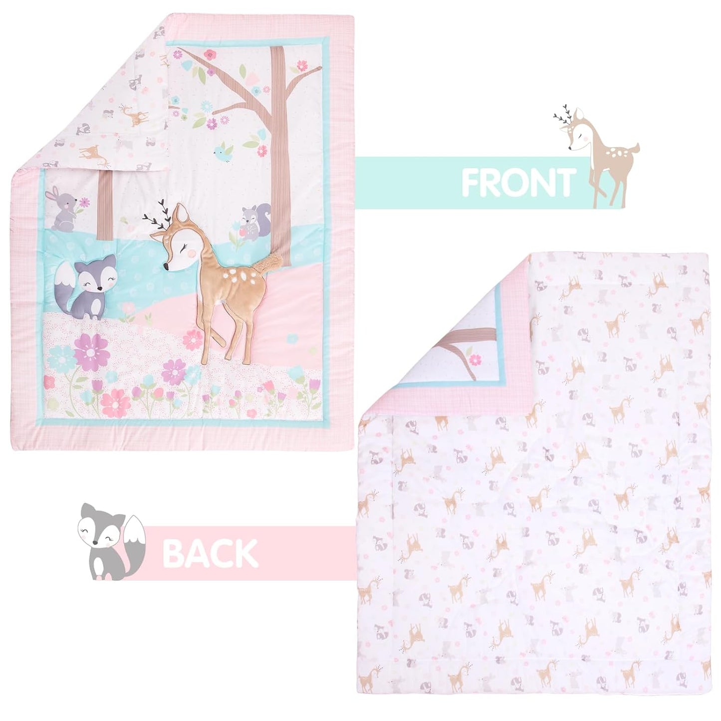 UOMNY Crib Bedding Set for Girls 3 Piece Woodland Baby Girl Crib Bedding Set Include Fitted Crib Sheet Comforter Crib Skirt