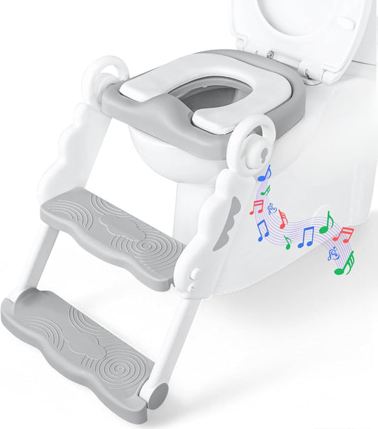 Musical & Sound Toddler Potty Training Seat w/Step Stool Ladder - Collapsible & Adjustable Toilet, Pre Assembled Toddler Toilet Seat w/Music & Sounds - Splash Guard & Anti-Slip Steps - Gray