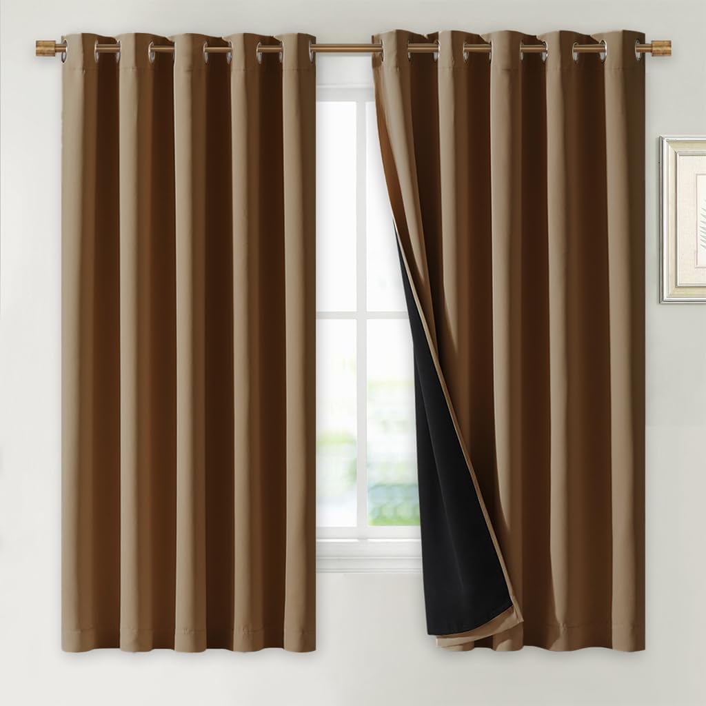 NICETOWN 100% Blackout Lined Curtains, Gold Brown, 1 Pair, 70" Width x 63" Length Each Panel, 2 Thick Layers Completely Blackout Window Treatment Thermal Insulated Drapes for Kitchen/Bedroom