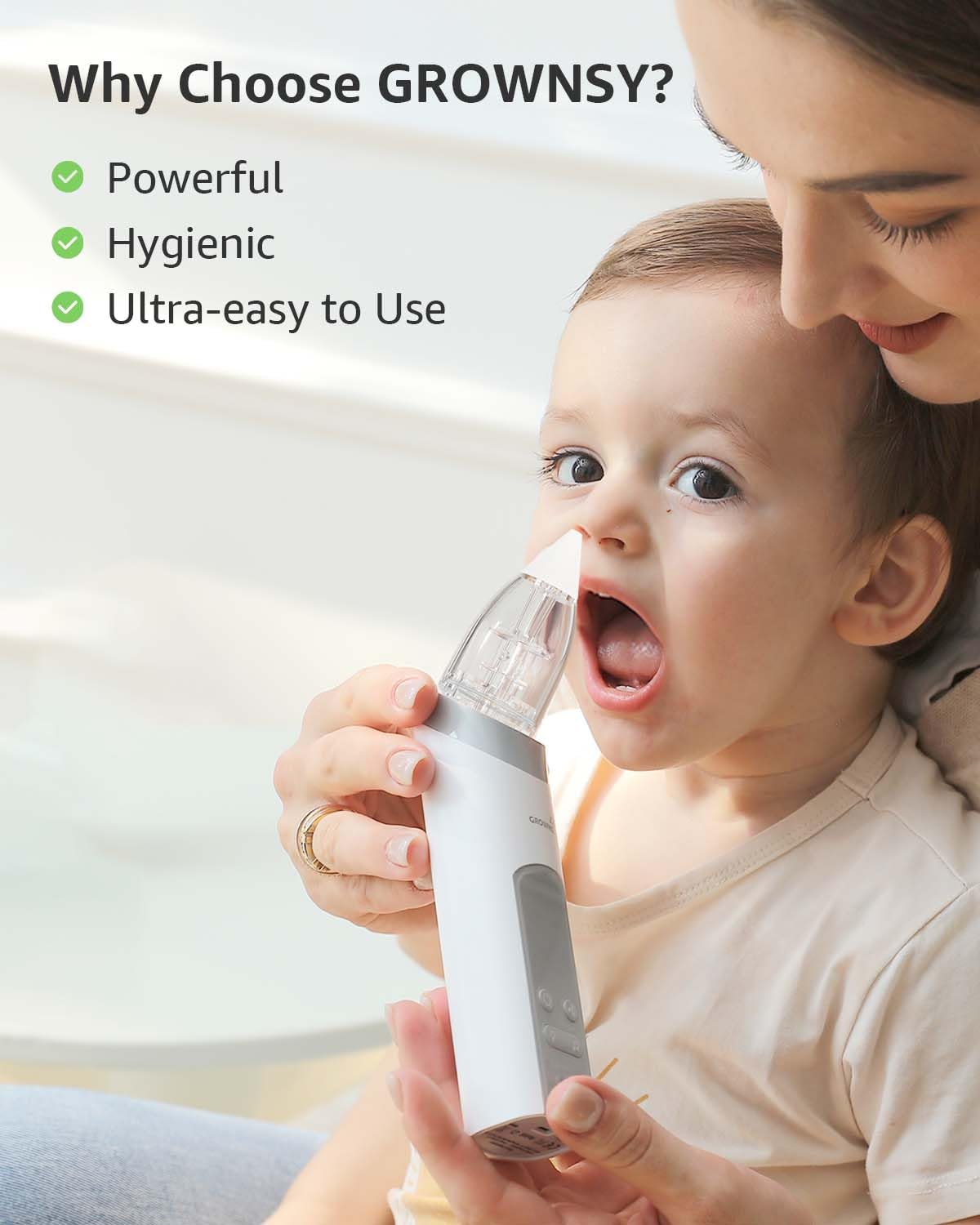 GROWNSY Nasal Aspirator for Baby, Electric Baby Nose Sucker with Larger Suction Chamber and More Powerful Suction, Automatic Nose Cleaner with Music and Light Soothing Function