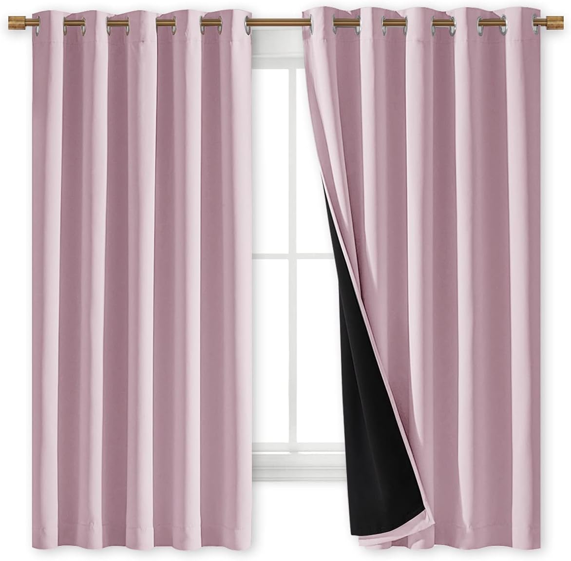 NICETOWN 100% Blackout Lined Curtains, Baby Pink, 1 Pair, 62" Width x 63" Length Each Panel, 2 Thick Layers Completely Blackout Window Treatment Thermal Insulated Drapes for Kitchen/Bedroom