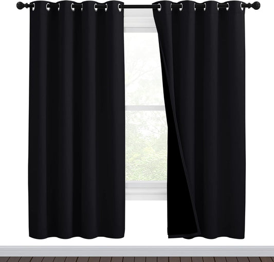 NICETOWN High-End Thermal Curtains, Full Blackout Curtains 72 Inches Long for Dining Room, Soundproof Window Treatment Drapes for Hall Room, Black, 46" Wide Per Panel, Set of 2 Panels