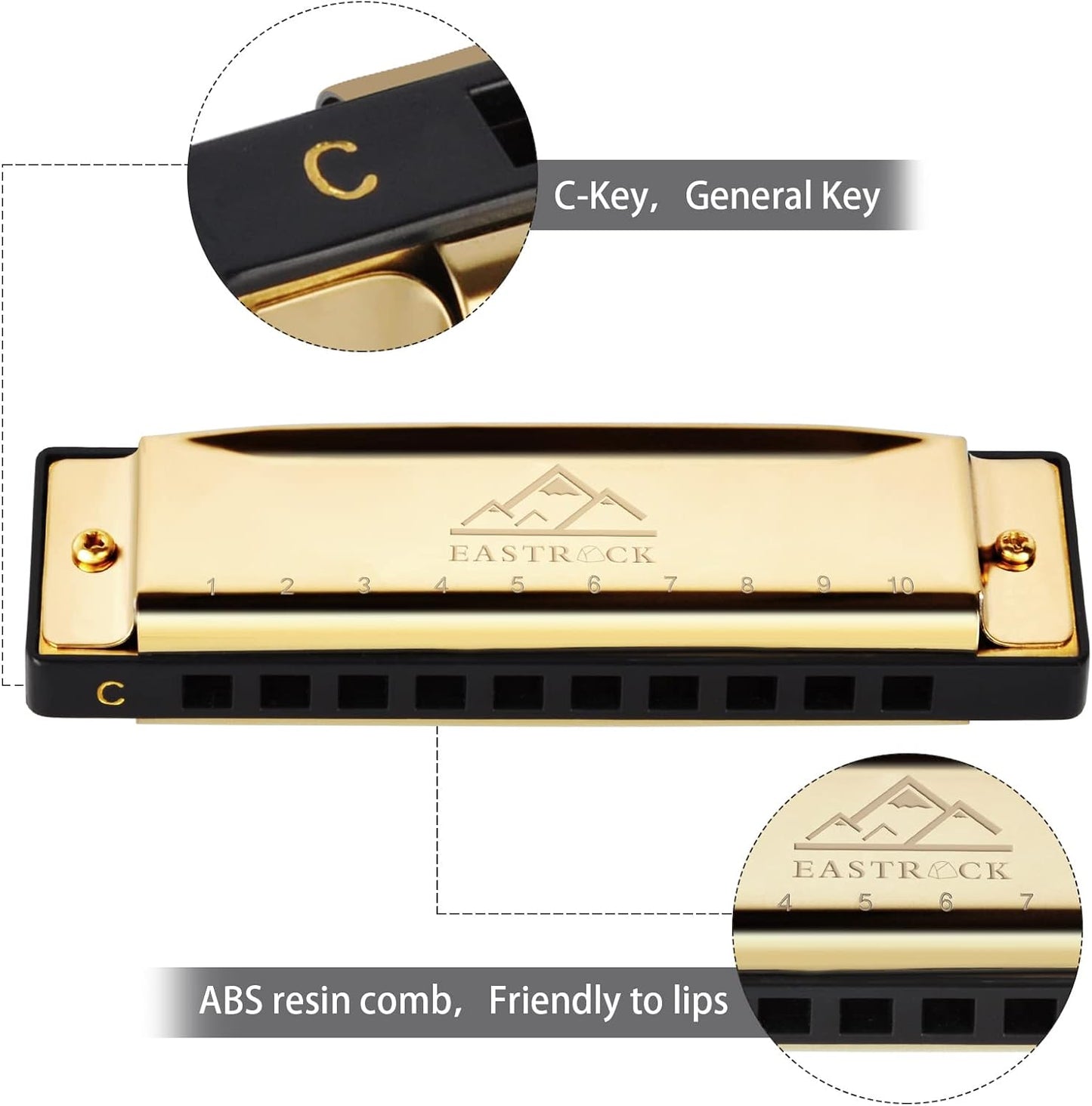 EastRock Blues Harmonica Mouth Organ 10 Hole C Key with Case, Diatonic Harmonica for Professional Player, Beginner, Students gifts, Adult, Friends, Gift (Gold)