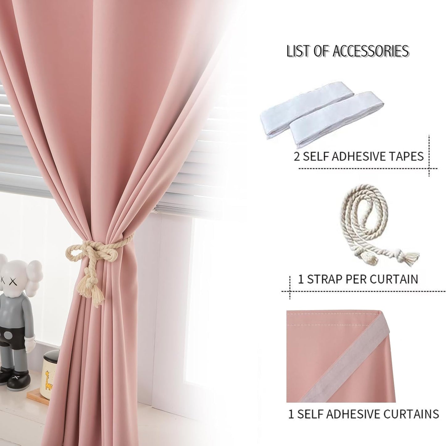 Self Adhesive Blackout Curtains- Stick on Curtains Shades Window Blinds Curtains No Rod Needed Easy to Hang Curtain, Use for Bedroom, Living Room,Roman Shades, 47" W X 59" L, Pink, 1 Panel