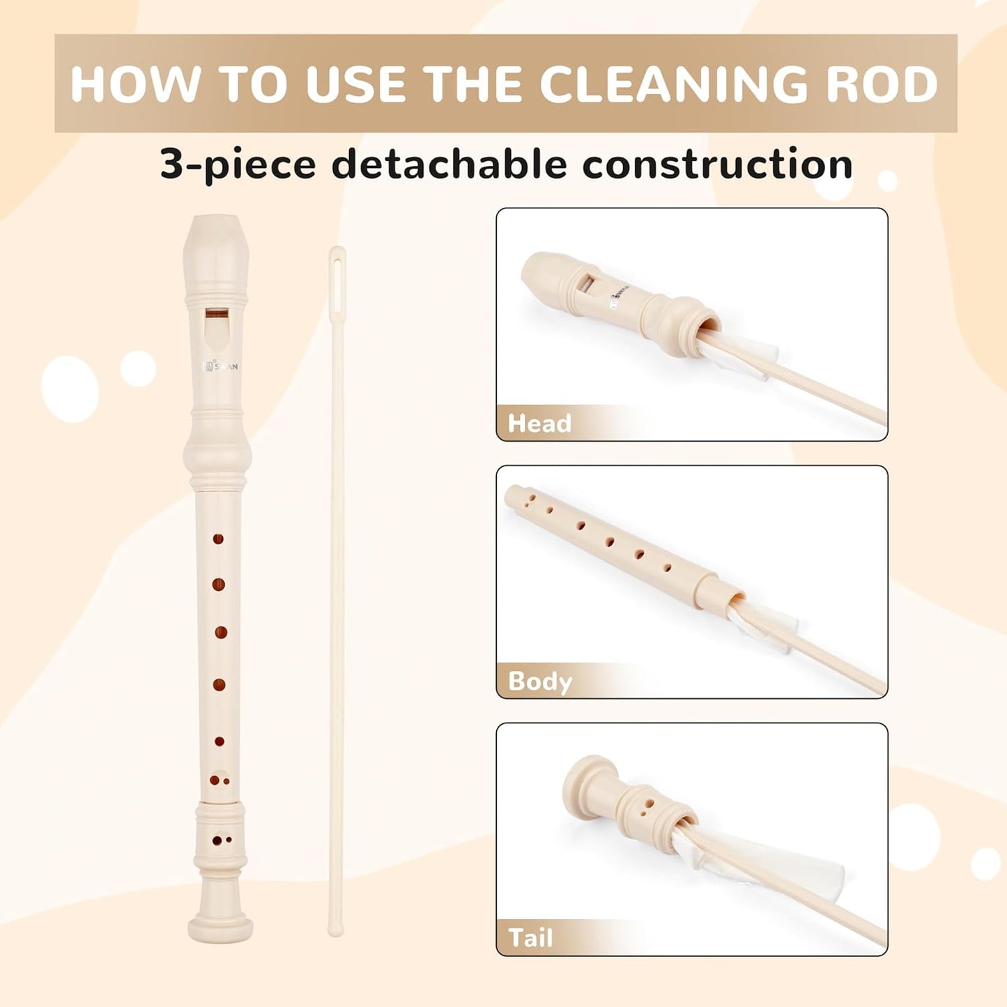 SWAN Soprano Recorder Instrument for Beginners Kids Student in School - German Fingering 8 Hole Flute 3pcs ABS Descant Recorders with Cleaning Rod and Fingering Chart, Beige
