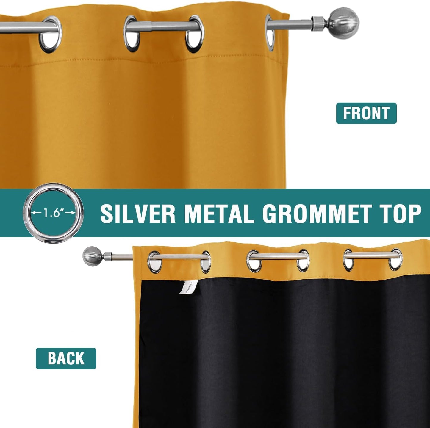 ChrisDowa 100% Blackout Curtains for Bedroom with Black Liner, 2 Thick Layers Total Blackout Thermal Insulated Grommet Window Curtains 2 Panels Set (Mustard Yellow, 52 x 84 Inch)