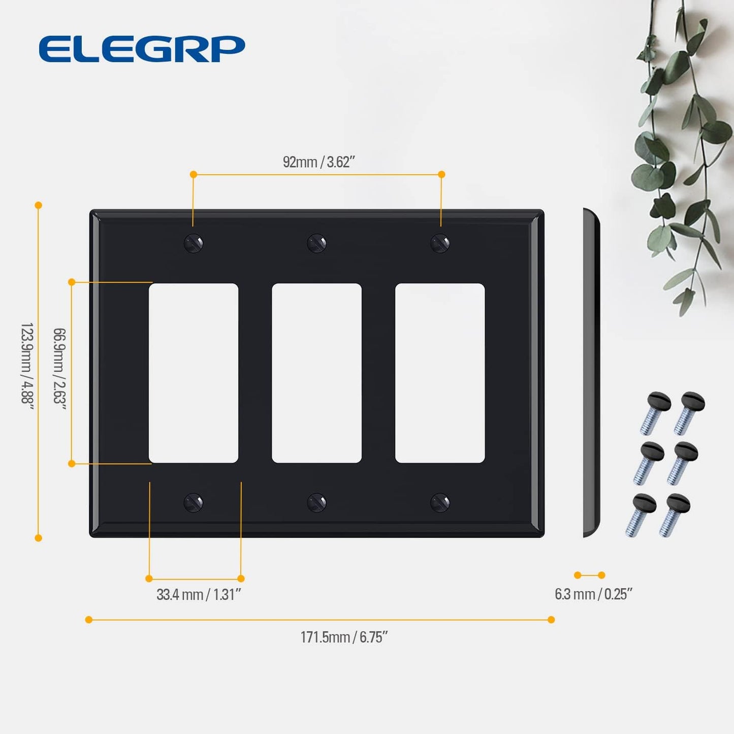 ELEGRP 3-Gang Decorative Wall Plates, Mid-Size 4.88" H x 6.75" L Unbreakable Thermoplastic Faceplate Cover for Decorator Receptacle Outlet Switch, UL Listed (5 Pack, Glossy Black)