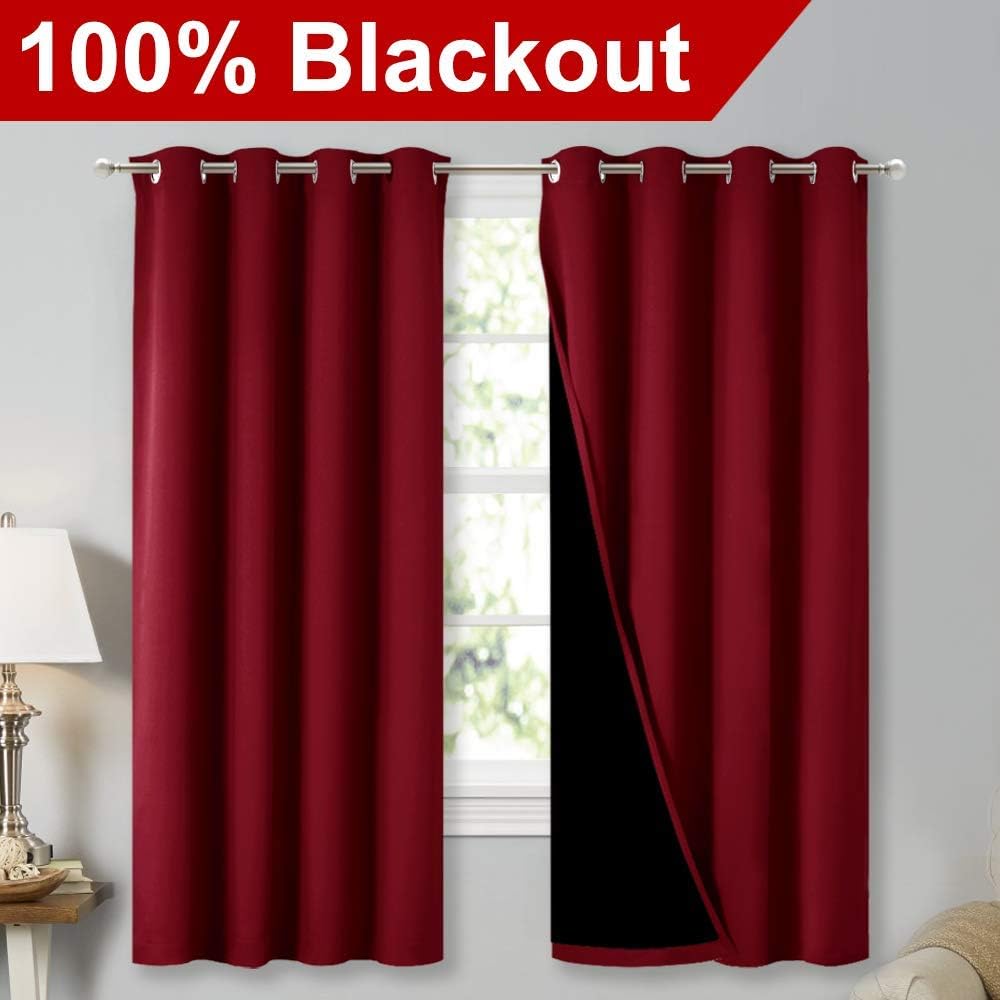 NICETOWN 100% Blackout Blinds, Set of 2, 46" x 45", Burgundy Red, Laundry Room Decor Window Treatment Curtains for Large Patio Sliding Door, Thermal Insulated Curtains for Bedroom