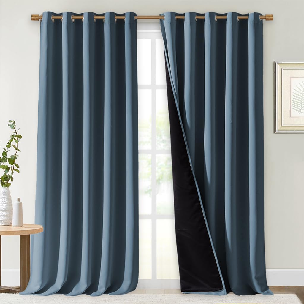 NICETOWN 100% Blackout Curtains for Windows, Pack of 2, 70" W x 108" L, Smoky Blue, Super Heavy-Duty Black Lined Total Darkness Drapes for Bedroom, Privacy Assured Window Treatment for Patio