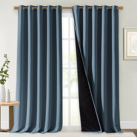 NICETOWN Full Shading Curtains for Windows, Smoky Blue, Pack of 2, 70 inches W x 95 inches L, Super Heavy-Duty Black Lined Blackout Curtains for Bedroom, Privacy Assured Window Treatment