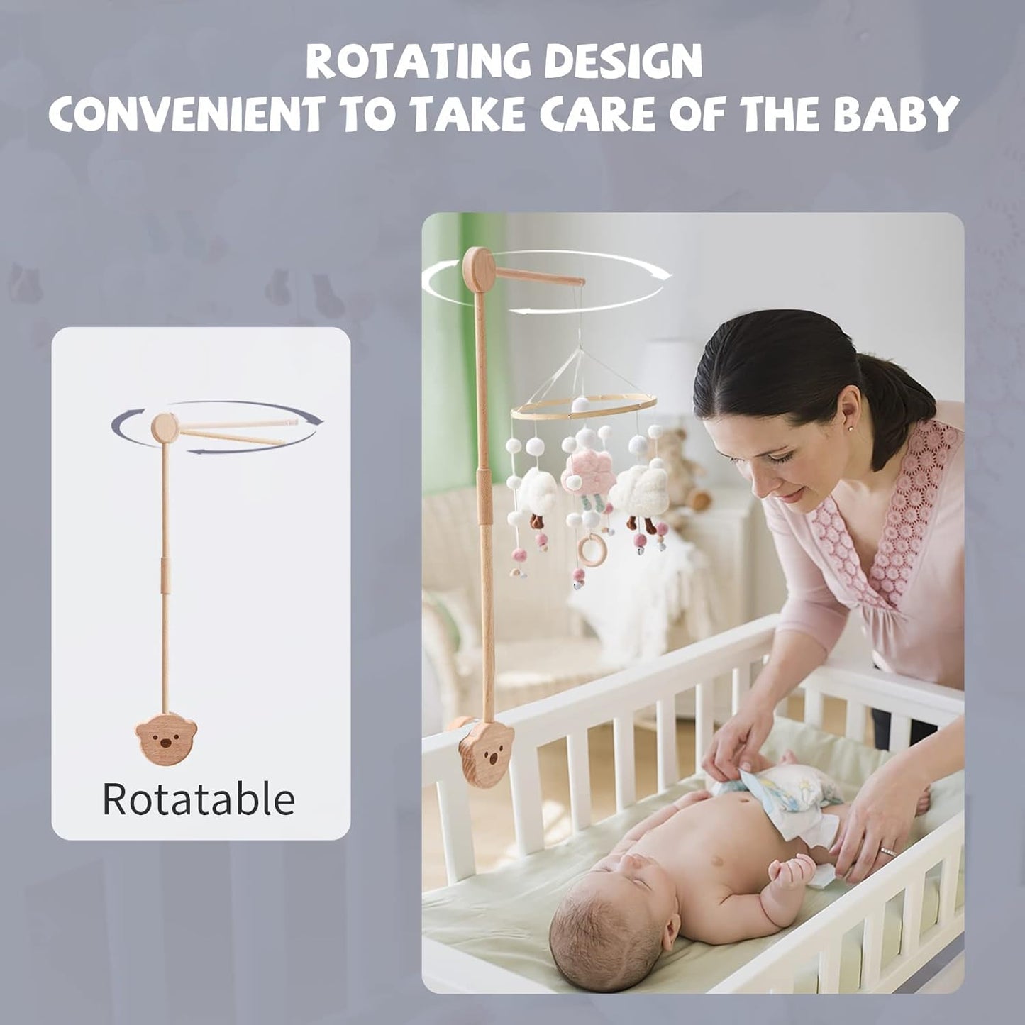 Baby Crib Mobile Arm,HBM Wooden Mobile Arm for Crib Mobile Hanger for Crib Baby Girl Nursery Decor