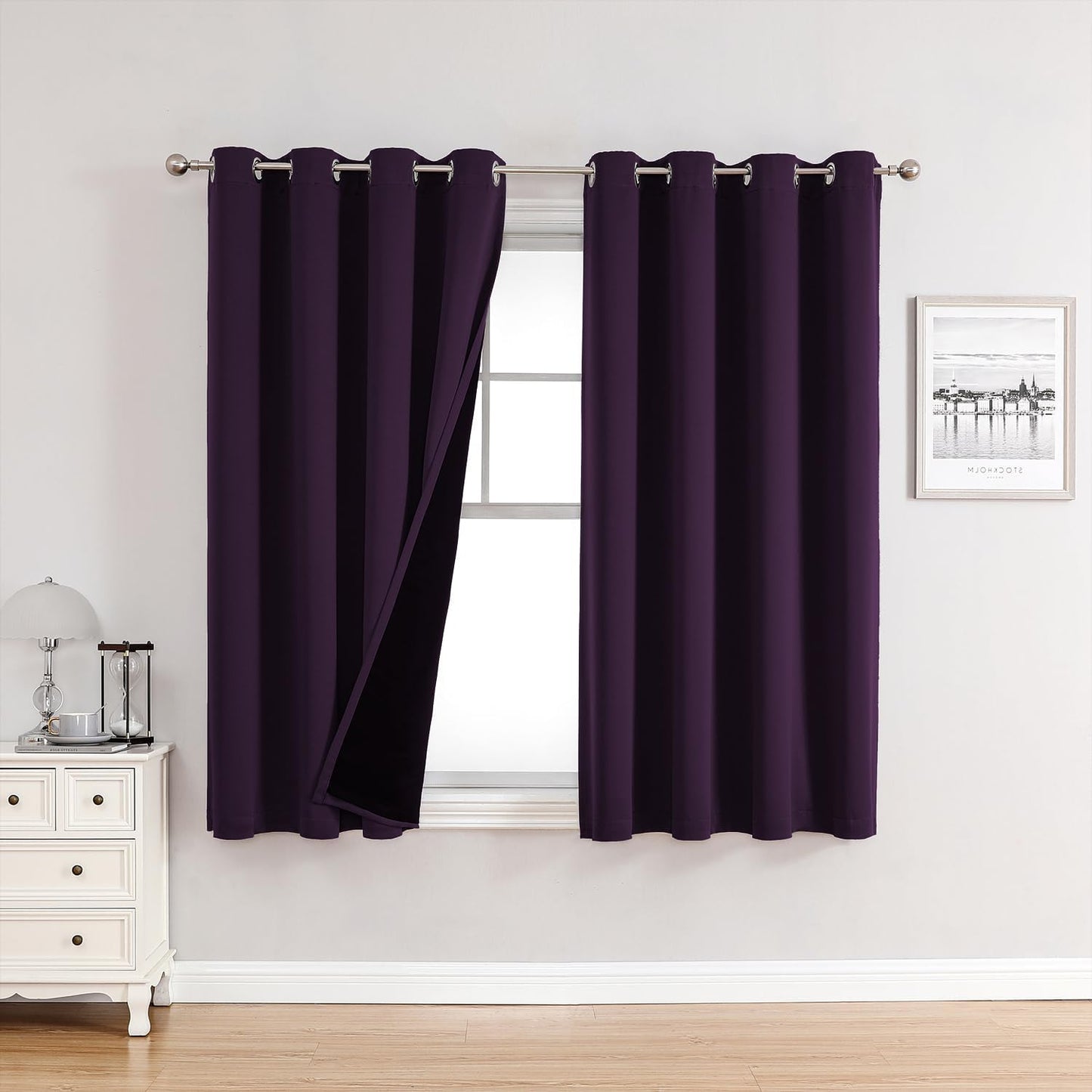ChrisDowa 100% Blackout Curtains for Bedroom with Black Liner, 2 Thick Layers Total Blackout Thermal Insulated Grommet Window Curtains 2 Panels Set (Royal Purple, 52 x 45 Inch)