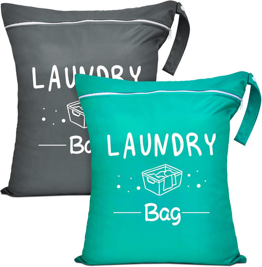 2 Pcs Large Travel Laundry Bags - Waterproof Wet/Dry, Washable, Drawstring, Bathing Suit, Workout, Gym Clothes, Swimming, Yoga - Green, Grey