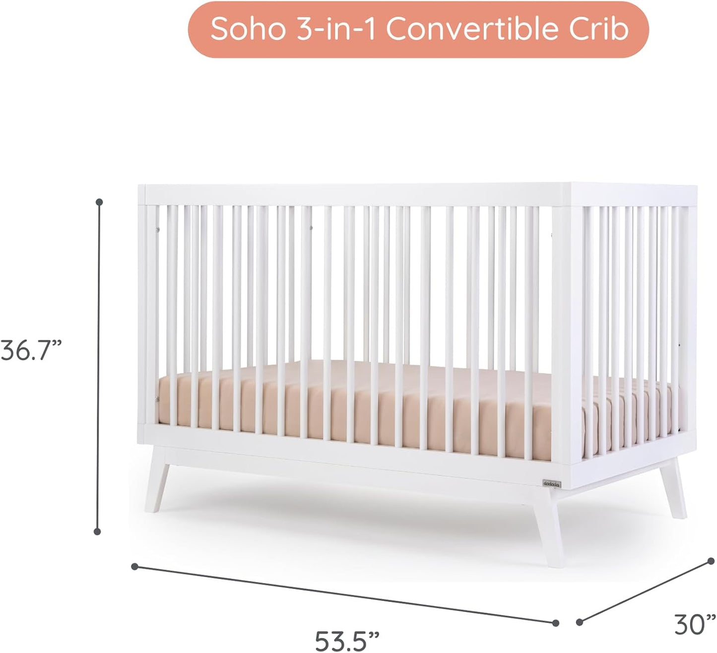 dadada Baby Soho 3-in-1 Convertible Wooden Crib to Toddler Bed - Made in Italy, GREENGUARD Gold Certified, Baby-Safe Finish, Sustainable Beech Wood, Modern Design, 3 Adjustable Heights (White)
