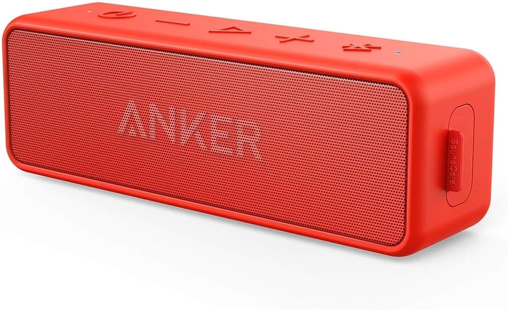 Anker SoundCore 2 Portable Bluetooth Speaker, Wireless, Enhanced Bass, 24-Hour Playtime, 66ft Range, IPX7 Water Resistant, Built-in Mic, Ideal for Travel, Compact and Easy to Use - Red